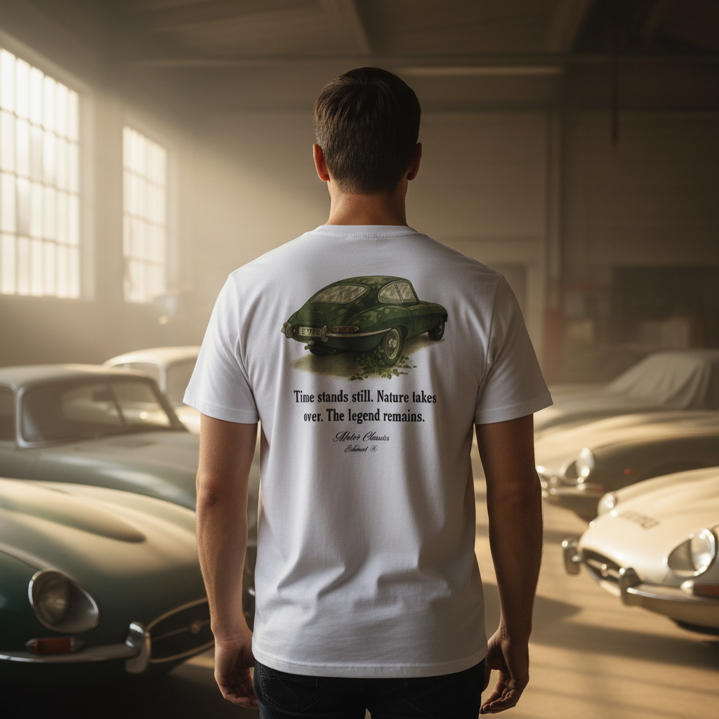 Diseño trasero camiseta Jaguar E-Type - Ilustración vintage verde y frase inspiradora