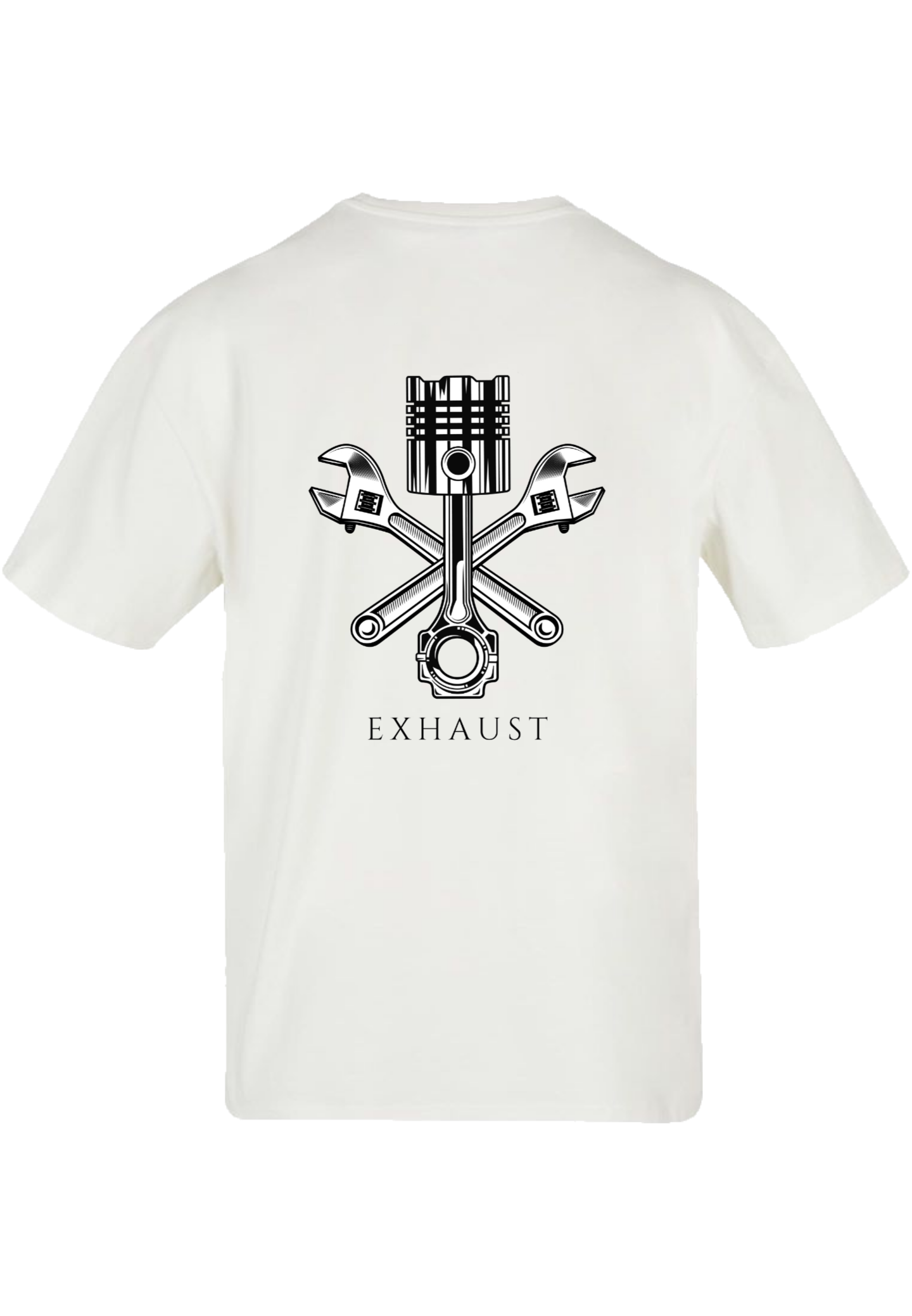 Clásica camiseta de color White extra larga con imagen de un Pistón y llaves inglesas en color (gris plata) impreso en la parte trasera.