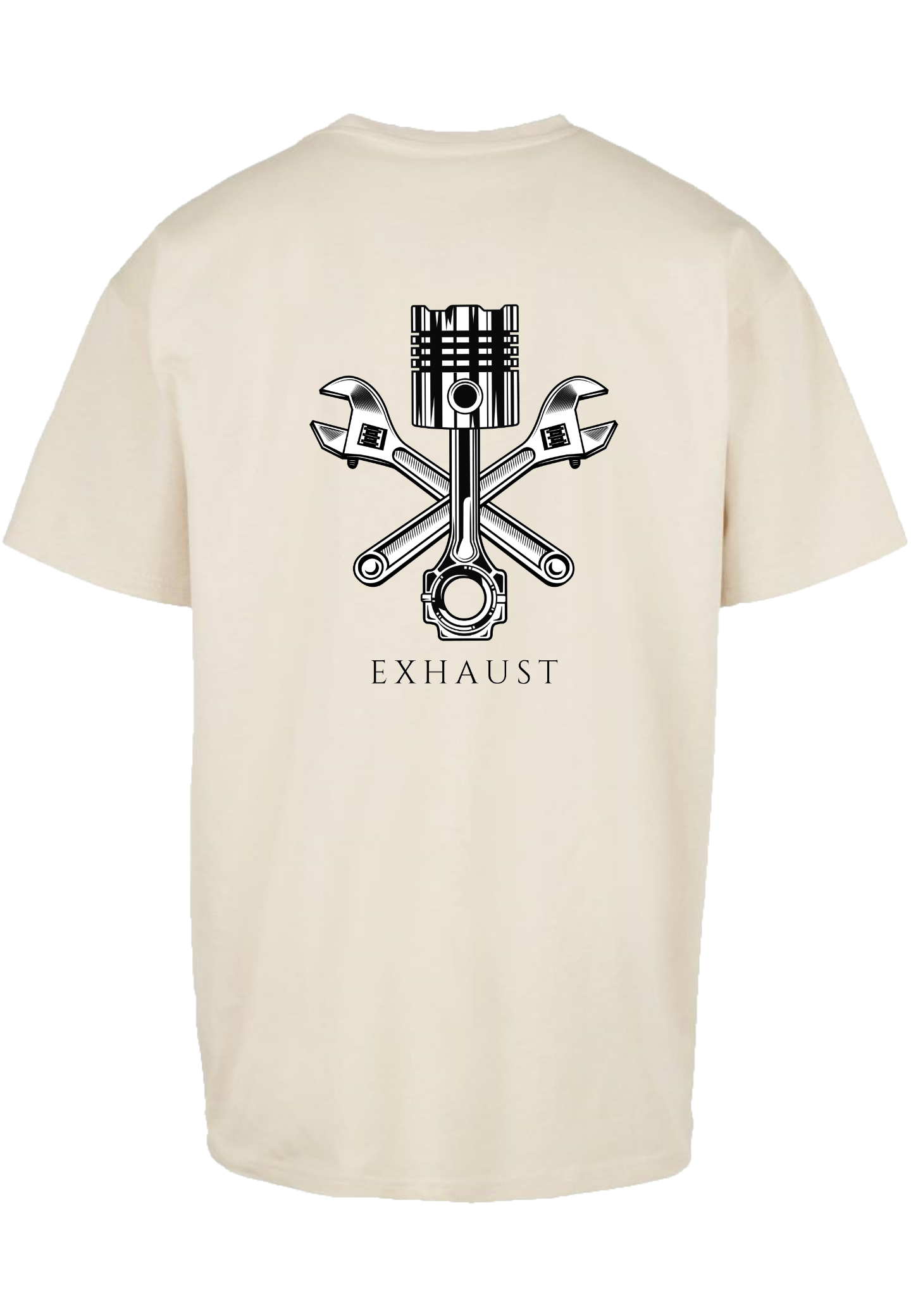 Clásica camiseta de color White/Sand extra larga con imagen de un Pistón y llaves inglesas en color (gris plata) impreso en la parte trasera.