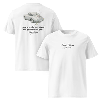 Camiseta Porsche 356 Coupé blanca Motor Classics - Vista frontal y trasera
