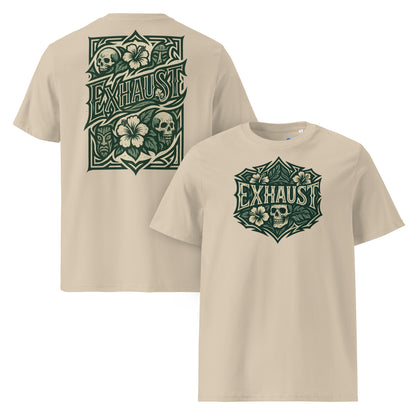 Camiseta Flowers Surfer Skull beige desert dust algodón orgánico surf calavera flores