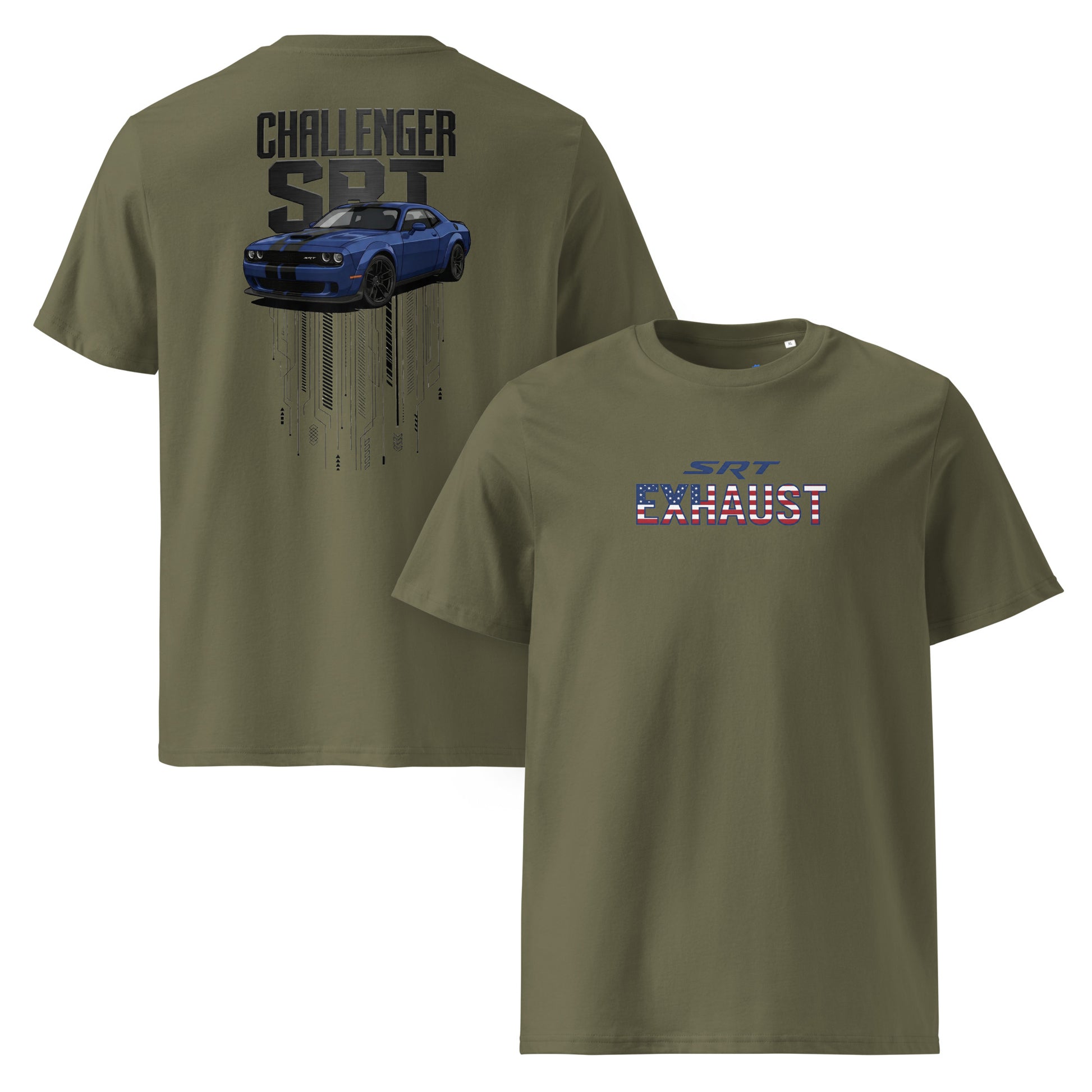 Camiseta Dodge Challenger SRT khaki verde algodón orgánico muscle car americano premium