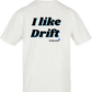 Clásica camiseta de color White extra larga con la frase I like drift en color (negro y azul) impreso en la parte trasera. Llamarás la atención en cada curva.