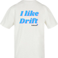 Clásica camiseta de color White extra larga con la frase I like drift en color (azul claro y rosa claro) impreso en la parte trasera. Llamarás la atención en cada curva.