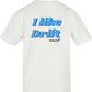 Clásica camiseta de color White extra larga con la frase I like drift en color (azul y rosa) impreso en la parte trasera. Llamarás la atención en cada curva.