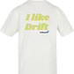 Clásica camiseta de color White extra larga con la frase I like drift en color (verde claro y rosa) impreso en la parte trasera. Llamarás la atención en cada curva.
