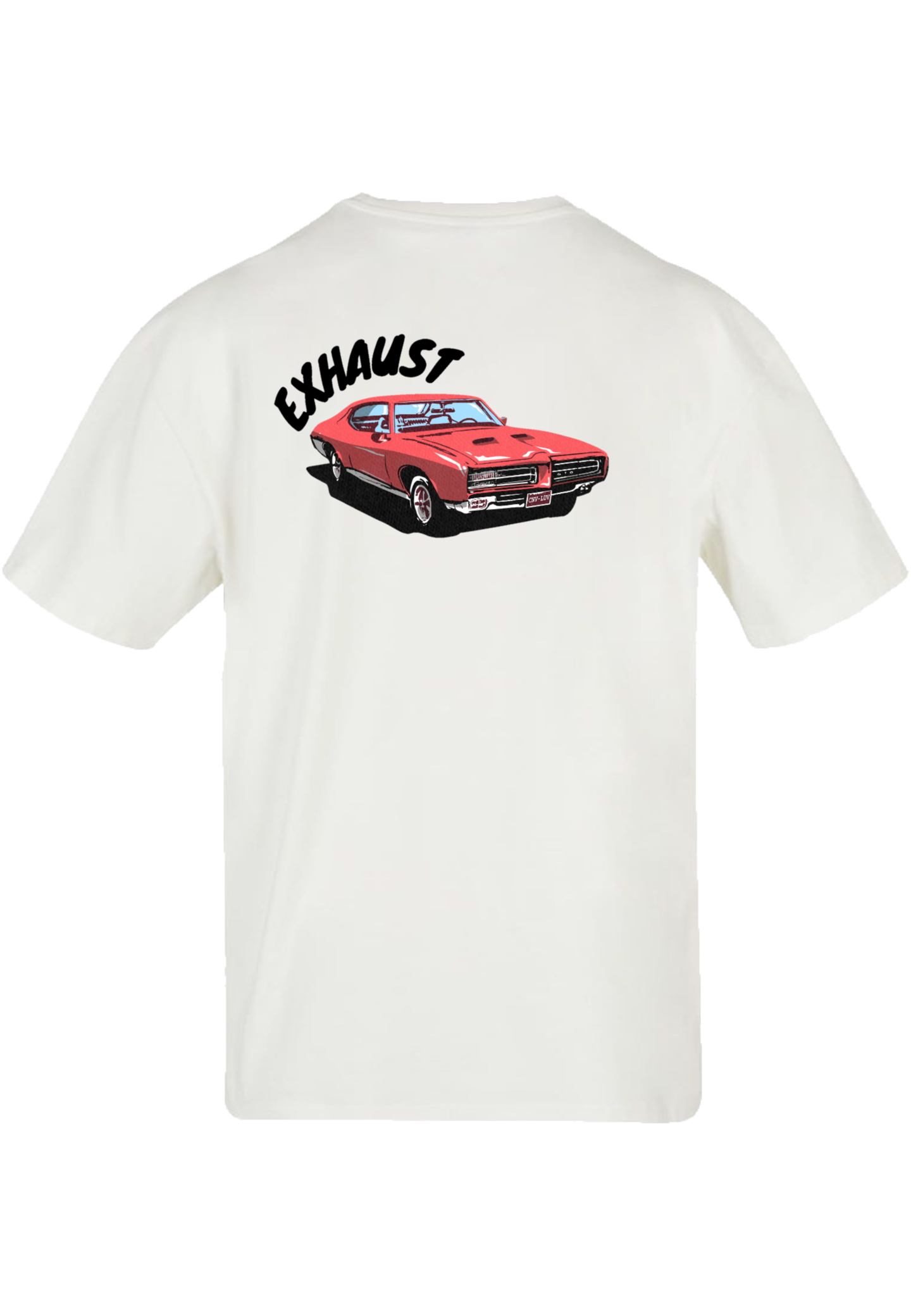 Clásica camiseta de color White extra larga, con la imagen de un Pontiac GTO en color (Rojo) impreso en la parte trasera. Llamarás la atención sin duda.