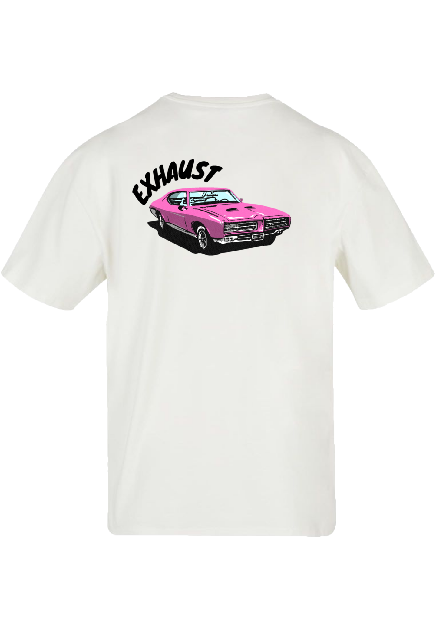 Clásica camiseta de color White extra larga, con la imagen de un Pontiac GTO en color (rosa) impreso en la parte trasera. Llamarás la atención sin duda.