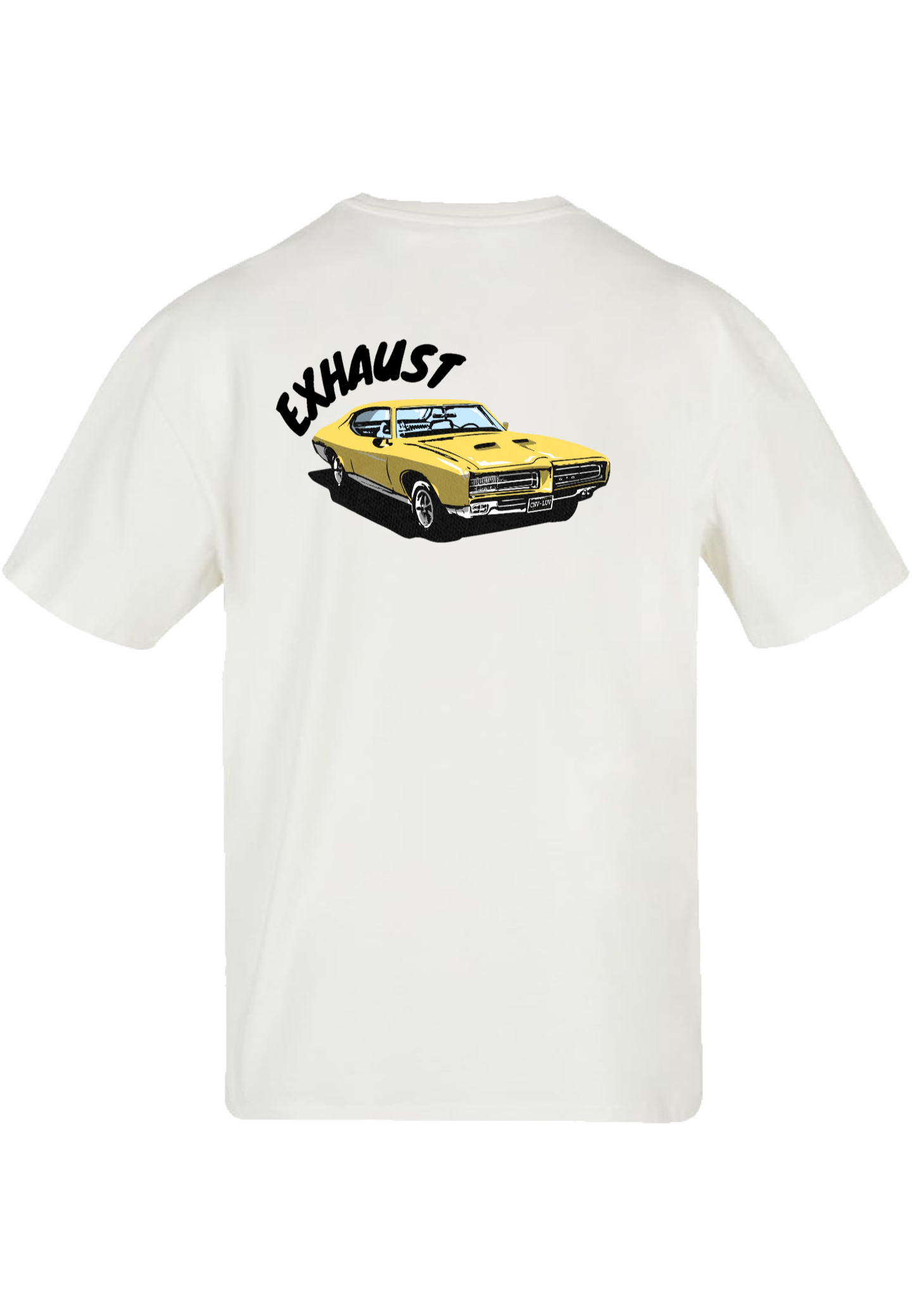 Clásica camiseta de color White extra larga, con la imagen de un Pontiac GTO en color (amarillo) impreso en la parte trasera. Llamarás la atención sin duda.