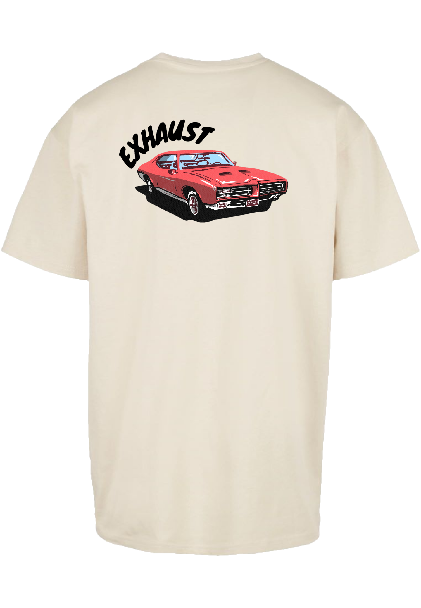 Clásica camiseta de color White/Sand extra larga, con la imagen de un Pontiac GTO en color (Rojo) impreso en la parte trasera. Llamarás la atención sin duda.