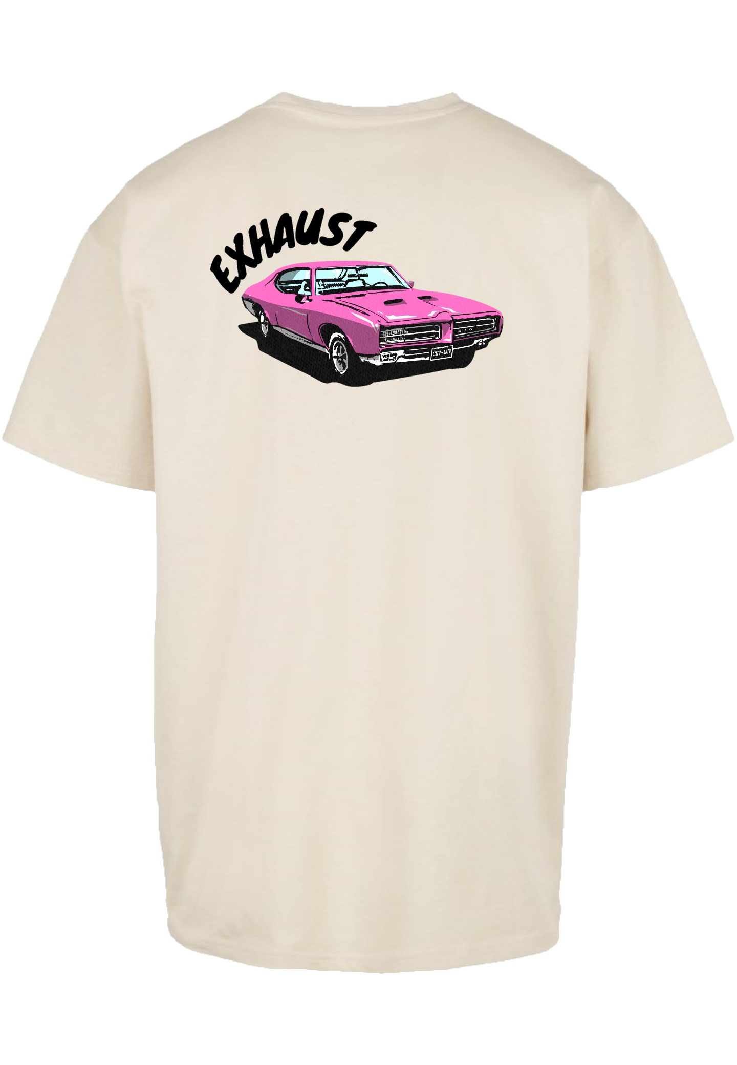 Clásica camiseta de color White/Sand extra larga, con la imagen de un Pontiac GTO en color (rosa) impreso en la parte trasera. Llamarás la atención sin duda.