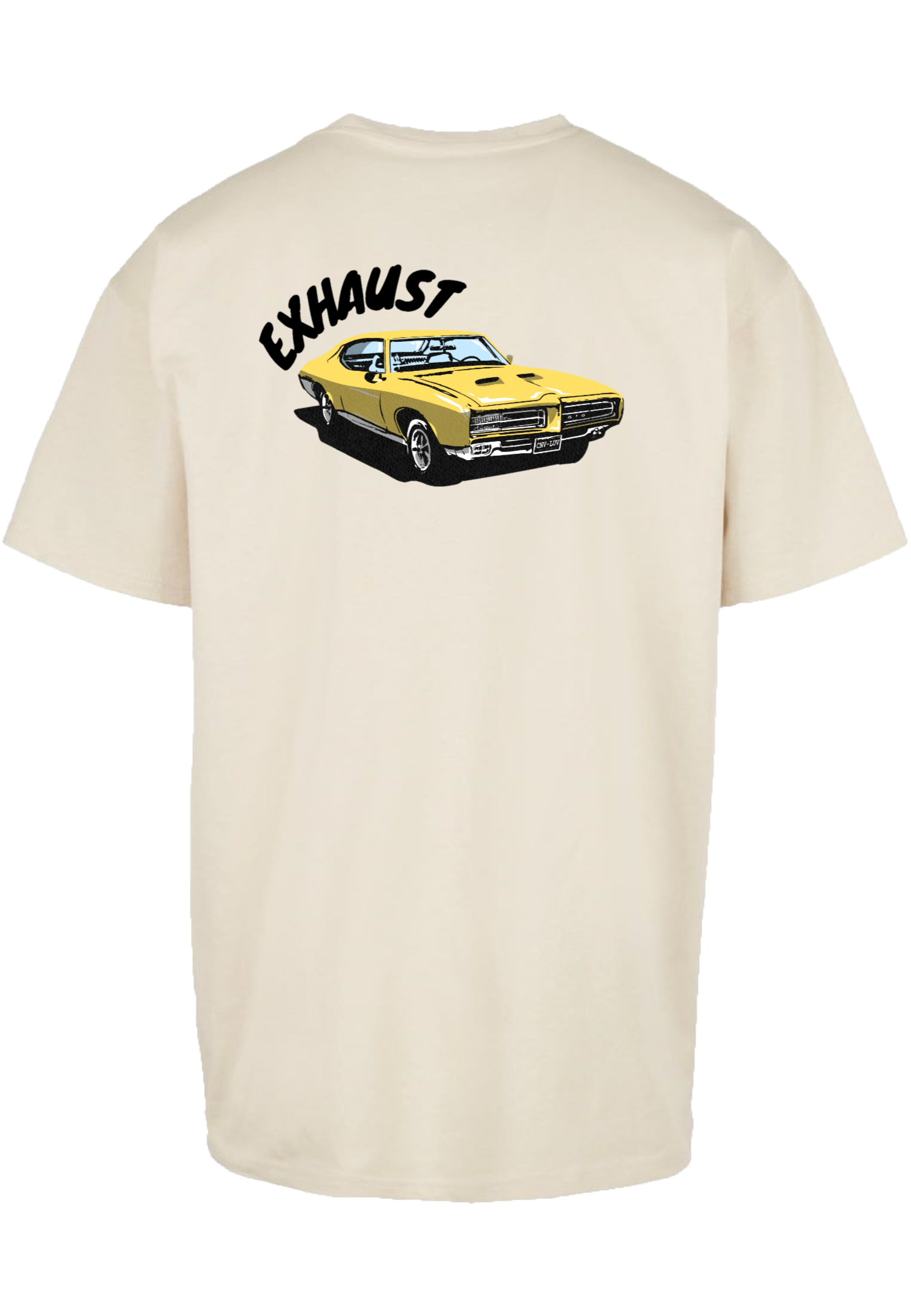 Clásica camiseta de color White/Sand extra larga, con la imagen de un Pontiac GTO en color (amarillo) impreso en la parte trasera. Llamarás la atención sin duda.